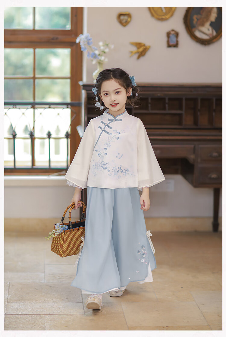 Qibo Hanfu Girls' Spring And Autumn 2026 Mid-Autumn Festival New Style Chinese-Style Tang Suit Children's Outfit Set, Floral Rain Pink, Size 140 22
