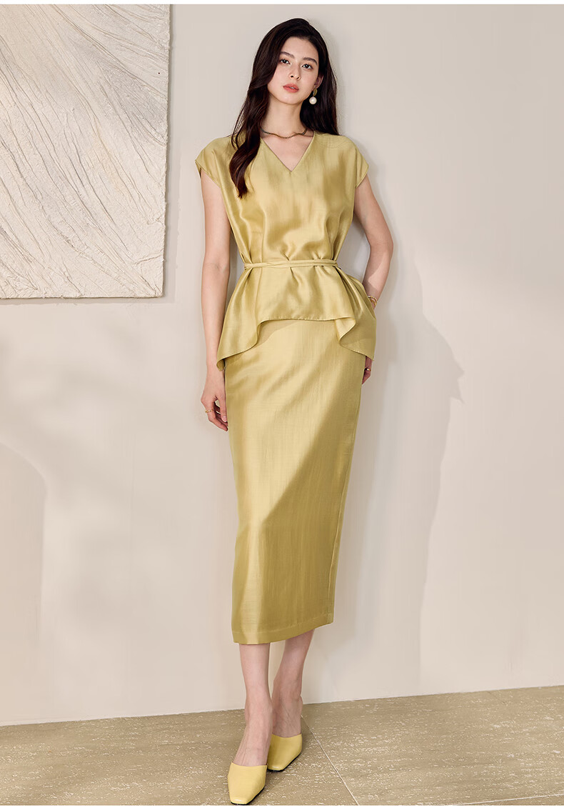 ROEYSHOUSE Women's Summer Casual Slim V-Neck Tie Two-Piece Set Top and Skirt 12233 Yellow M 6