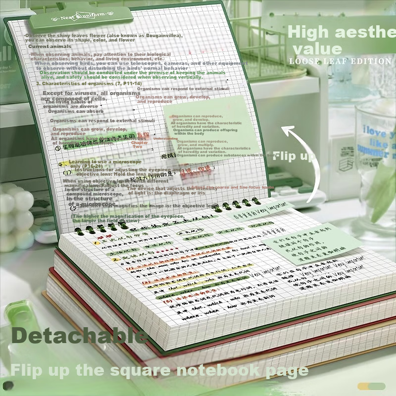 Shuxing New High-Quality Retro Square Notebook Grid Flip Loose-Leaf Book Detachable for Middle And High School Students Comfortable to Hold Error Correction Research Notes Loose-Leaf Cover Wine Red 1