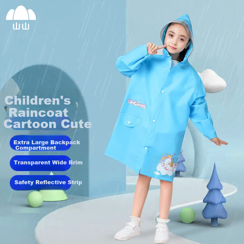 Shanshan Children's Raincoat, Kindergarten And Elementary School Boys And Girls, Large Brim Portable Cape, Enlarged Backpack Rain Poncho, Blue, Size L