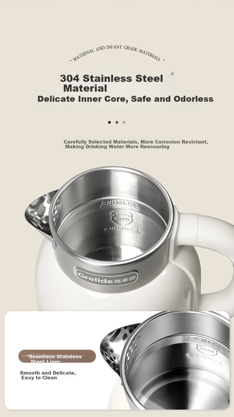 Grelide Electric Kettle with Multiple Temperature Settings, 1.5L Seamless Inner Pot, Constant Temperature Kettle, 304 Stainless Steel Water Boiler, Hot Water Kettle, D2315E-Ivory White 6