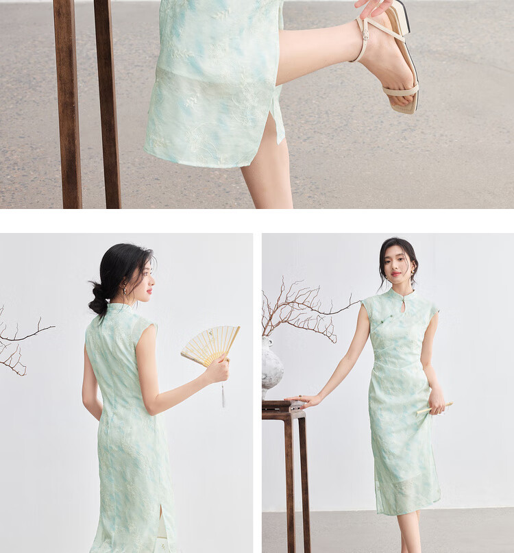 Sentubila Modified Qipao Chinese Style Dress Women Summer Waterdrop Hollow Stand Collar Embroidered New Chinese Waist Slimming Mid-Length Dress 18