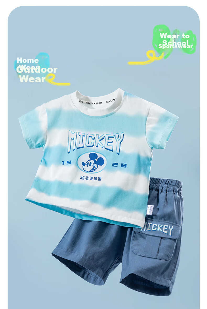 Disney Boys' Short Sleeve and Shorts Set Mickey Cartoon Casual Fashion Comfortable Breathable Summer New Blue Stripes Size 90 4