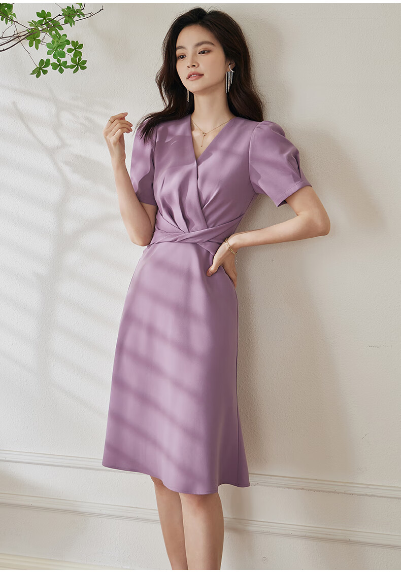 ROEYSHOUSE Slim Waist Twist Knot Dress Summer Elegant Puff Sleeve Mid-Length Dress 06439 Light Purple M 5
