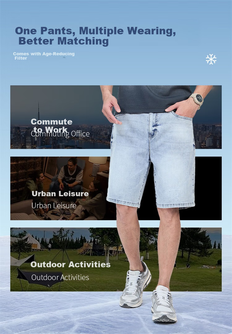 DANCING WOLVES [Bingyang Bar] Summer Fashion Cat Whisker Washed Cool Breathable Men's Denim Shorts, 113 Light Blue, Size 34 5