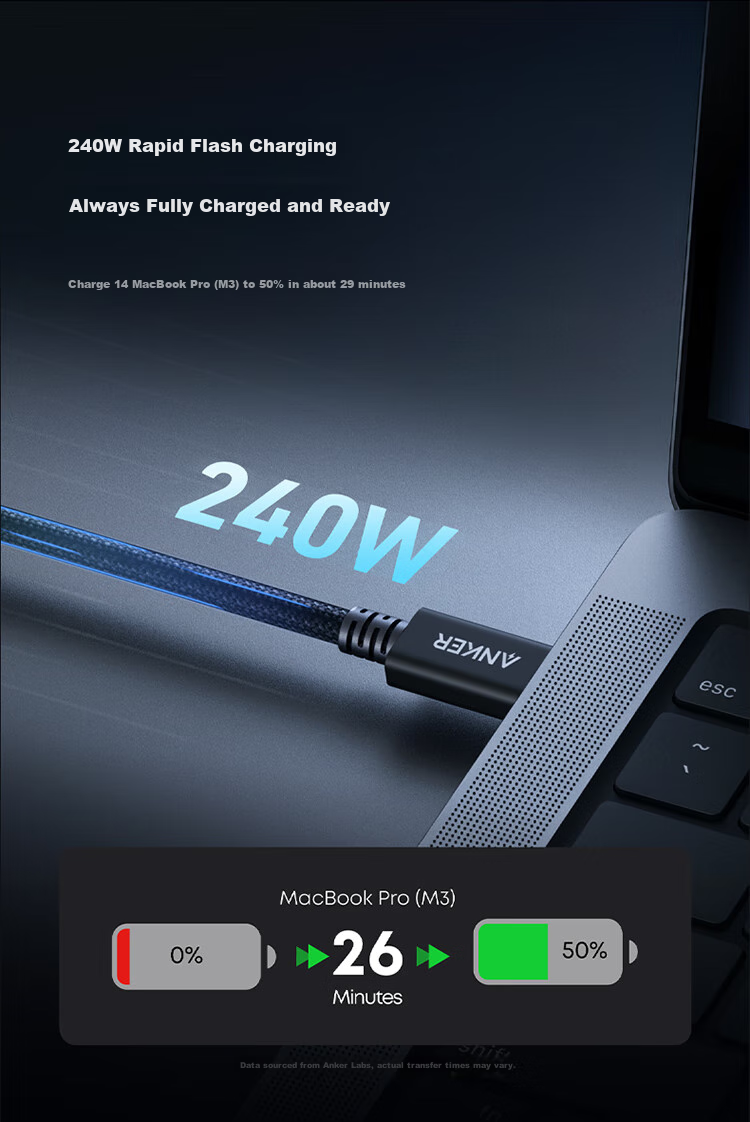 ANKE Prime Intel Certified Thunderbolt 5 Data Cable, Type-C to 240W Apple Fast Charging Braided Cable, 120Gbps Transmission, 16K Screen Mirroring, Compatible with MacOS And Windows 9