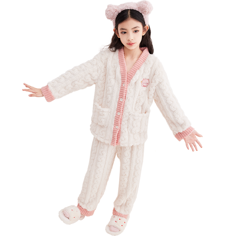DEESHA (DEESHA) Thickened Double-sided Flannel Girls' Fleece Cardigan Set Spring Autumn Winter Home Wear Pajamas Pajama Pants Can Be Worn Out