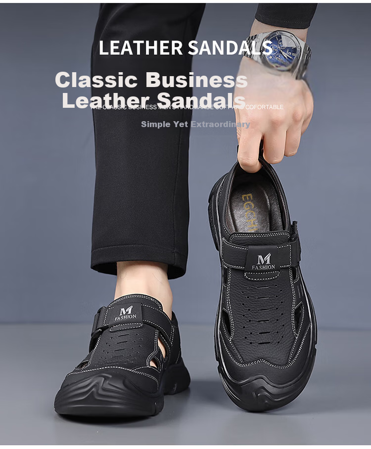 EGCHI Men's Sandals, Beach Shoes, Top-Grain Leather, Hollow-Out Velcro Sandals, J28021, Black, Size 39 3