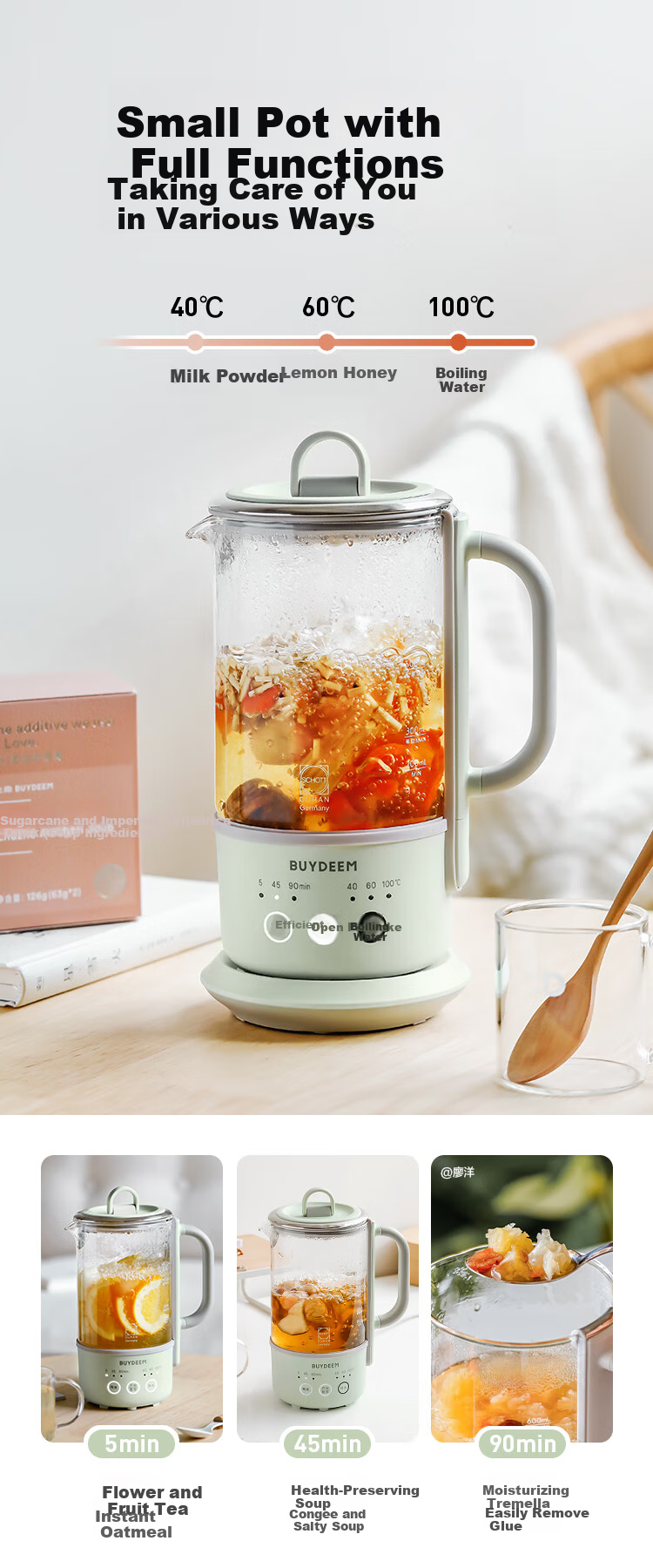Buydeem [No Glue] Health Pot Water Kettle Multifunctional Tea Maker Mini Health Cup Office Hot Water Pot K36 Light Cypress Green + Mini Extraction Basket 3