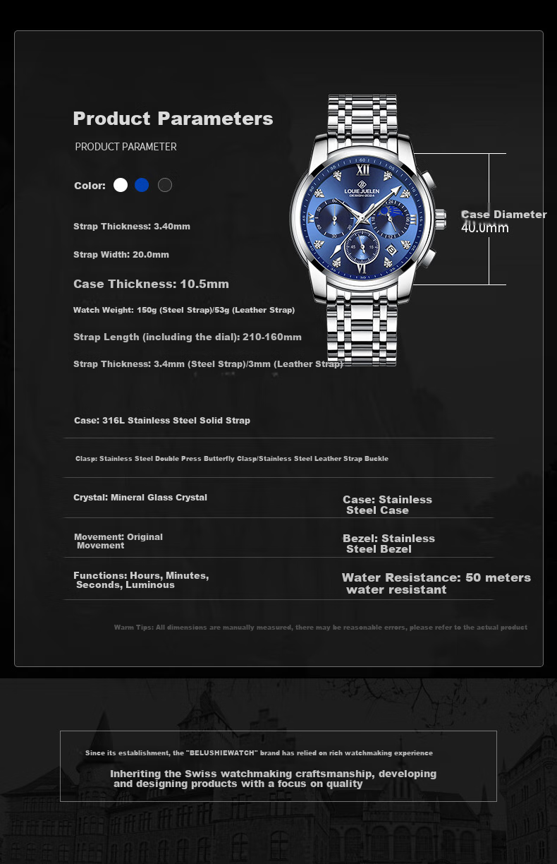 LOUIE JUELEN Swiss Genuine Men's Watch, Fully Automatic Business Student Mechanical Quartz Watch, High-End Gift for Boyfriend 6
