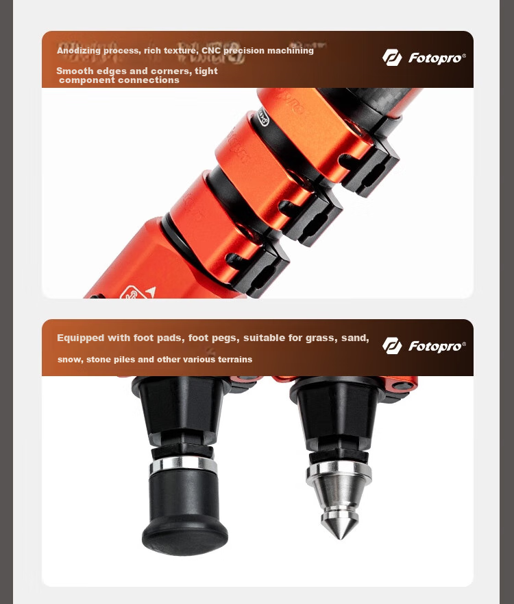 Fotopro Flying One Tripod, Quick-Release Design, Foot-Operated Unlocking, 32mm Diameter Carbon Fiber Camera Tripod, Flame Orange 22