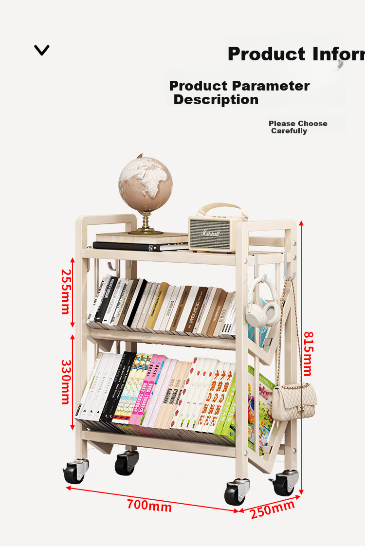 Leshengtu Mobile Bookshelf with Wheels, Small Storage Rack, Steel Book Organizer Shelf, Black, 4-Tier, LB44 7