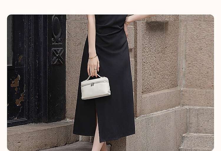 Dme [Black Spade Contract] Summer Elegant 250G Cotton-Like Breathable Layer Round Neck Waist-Cinching Side Slit Women's Dress 4
