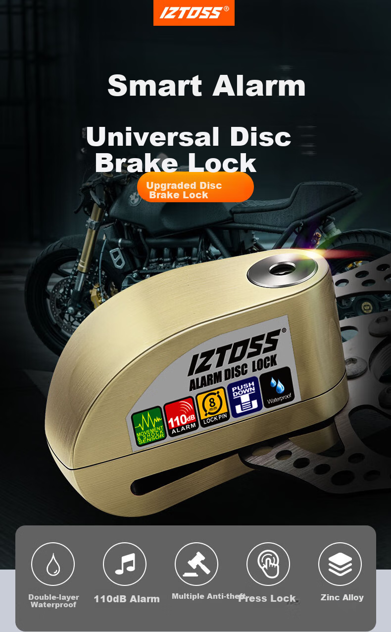 IZTOSS Alarm Disc Brake Lock, Motorcycle Anti-Theft Lock, Mountain Bike Disc Brake Pad, Electric Bicycle Lock, Waterproof, Silver Color 1