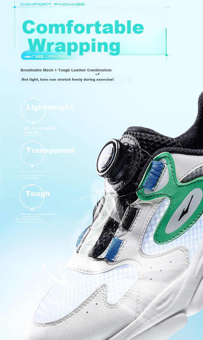 ERKE Children's Shoes, Boys And Girls Casual Shoes for Older Kids, Summer Outdoor Sports Shoes for Kids, Misty Gray/light Oxygen Blue, Size 37 6