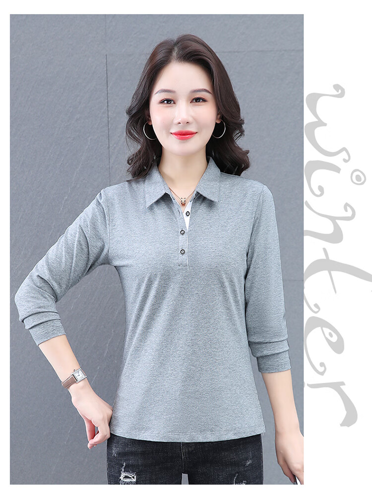 Woodpecker Women's Long Sleeve Cotton Polo Shirt, Spring Autumn New, Middle-aged Plus Size Casual Top, Gray, L 14