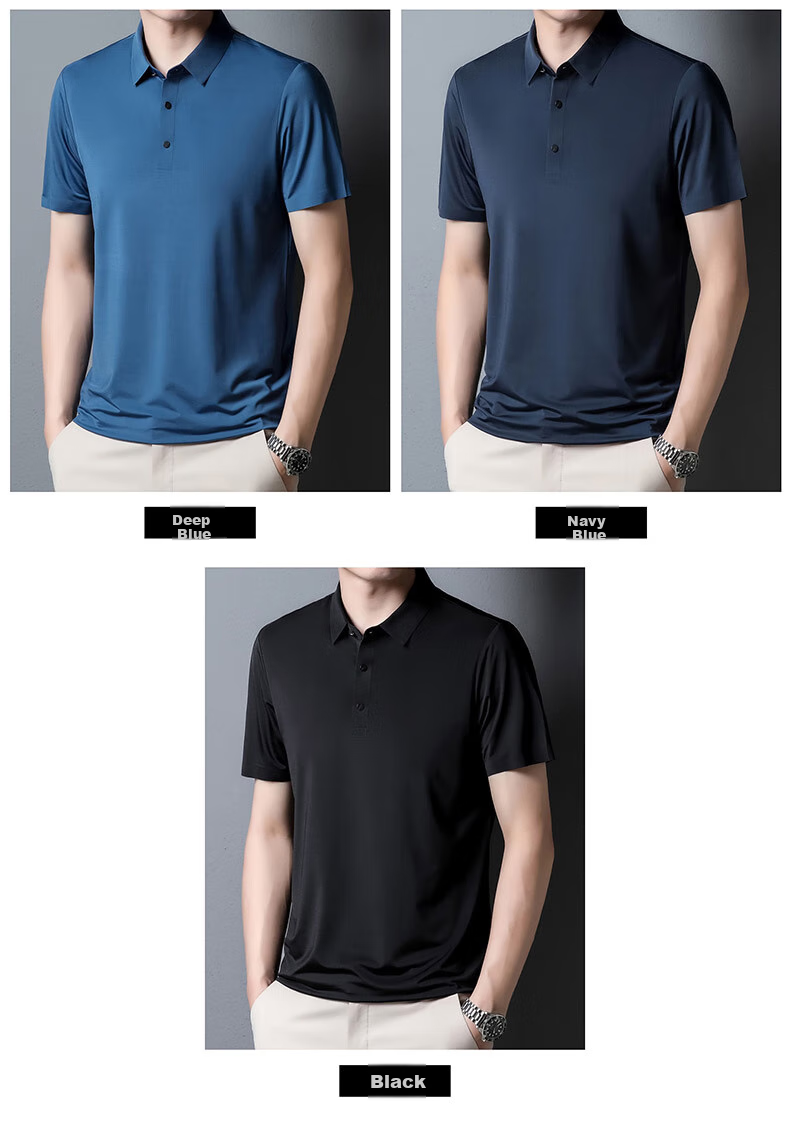 ROMON Men's Short Sleeve Polo Shirt Ice Silk High Elastic Cooling Summer Business Solid Color Top A28 5