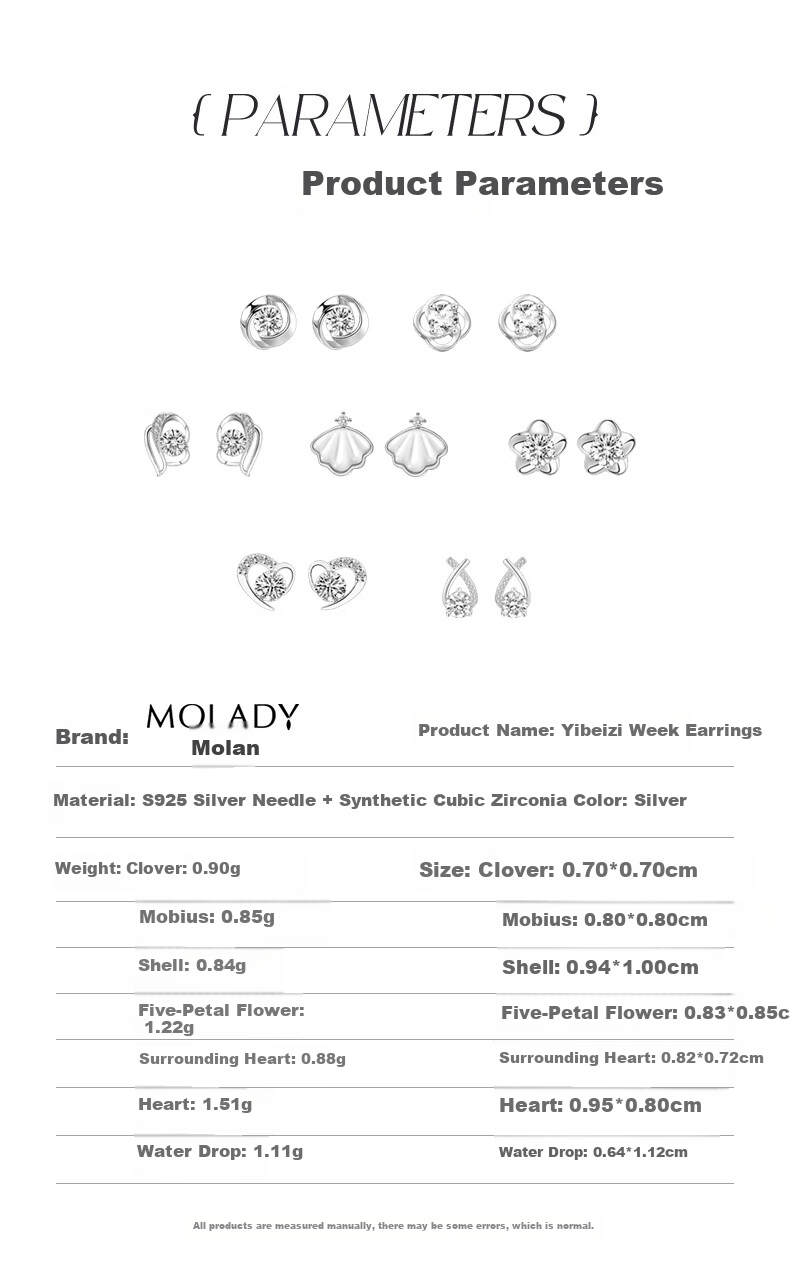 MOLADY S925 Silver Needle Stud Earrings for Women, Weekly Gift Box Set, Anniversary Birthday Gift for Girlfriend Or Wife 5