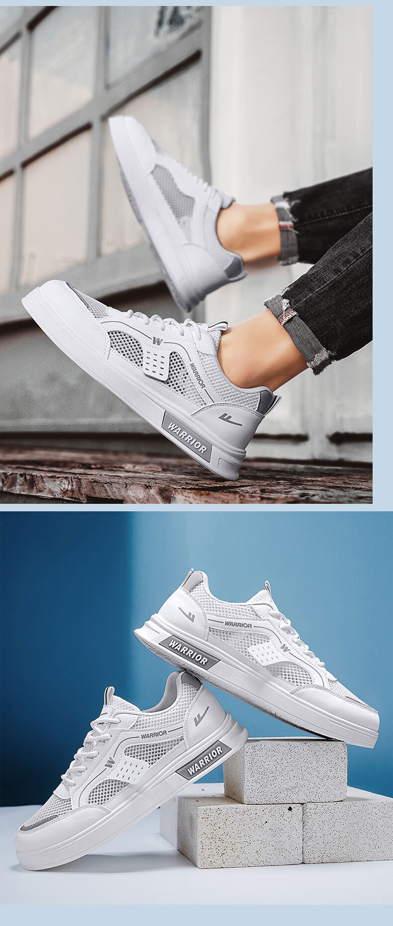 Warrior Official Men's Summer Breathable Mesh Sneakers Lightweight Hollow Thin Sports Shoes 586 White Blue Size 44 8