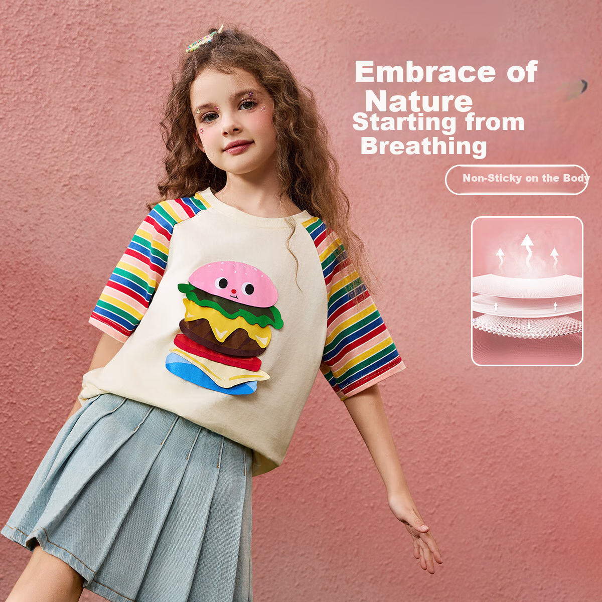 ASK JUNIOR 3D Pattern Children's Short-Sleeve T-Shirt, Summer 2025, Girls' Half-Sleeve Tee, Undershirt for Young And Older Kids, Beige, Size 170 3