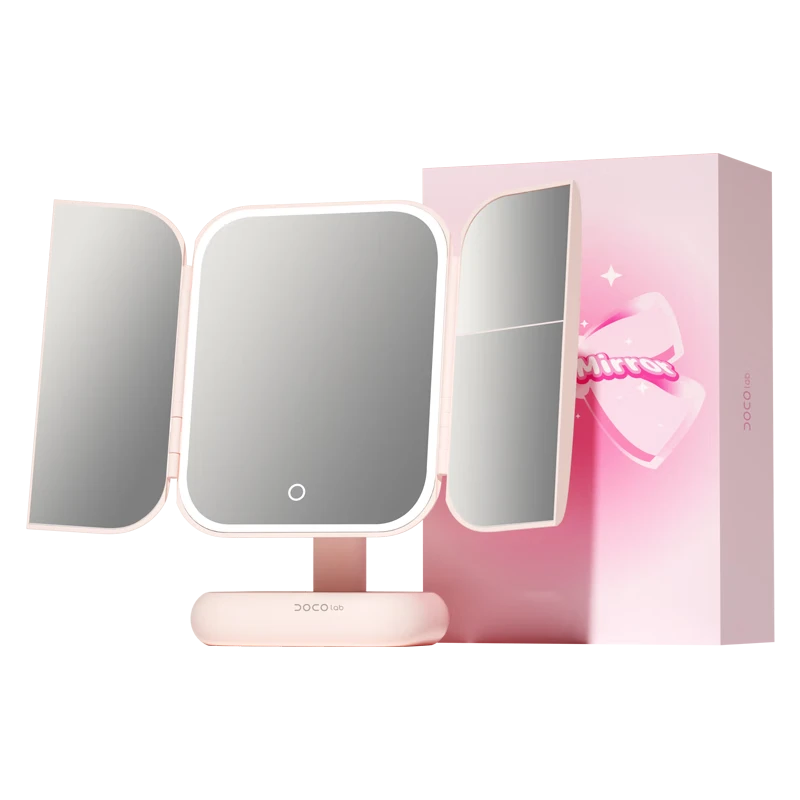 DOCO LAB LED Foldable Makeup Mirror with Light, Large High-Definition Smart Touch-Up Vanity Mirror for Dorm Room, Bedroom, Desk, Birthday Gift for Wome
