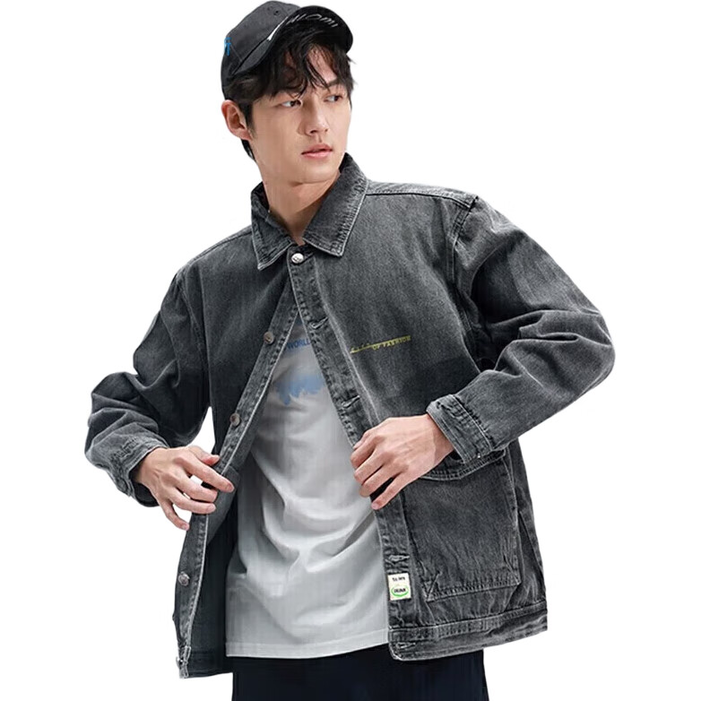 Мужская джинсовая куртка Jeanswest, весна 2026, модная, с принтом, отложным воротником, трендовая, универсальная, черная и серая, 2XL