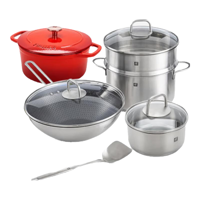 ZWILLING Cookware Set Including Honeycomb Wok, Steamer Pot, Soup Pot, Enamel Pot, Stew Pot, Milk Pot, Kitchen Utensils And Spatula, Complete Set of 8-Piece Happy Cooking Pot Set