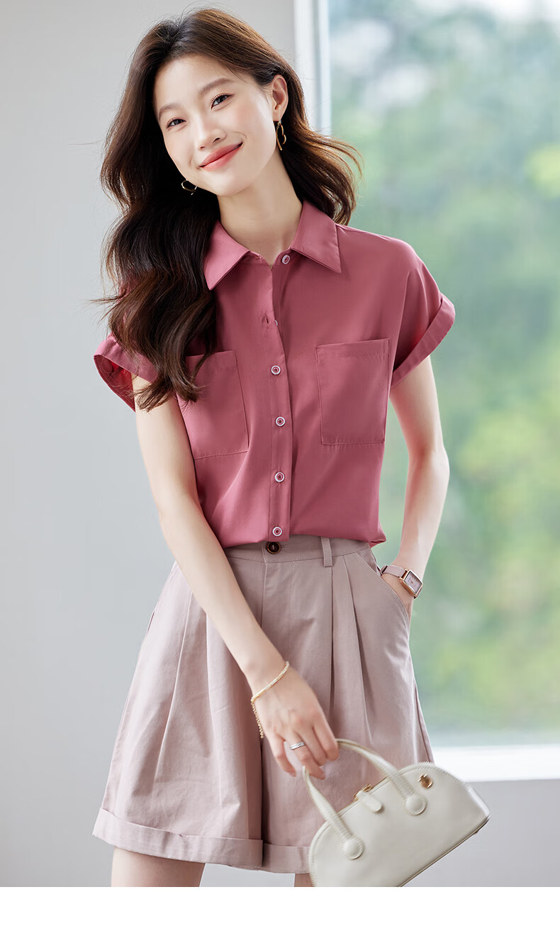 Jeanswest Women's Shirt 2026 Summer Short Sleeve Casual Elegant Fashion Versatile Top Pink L 15