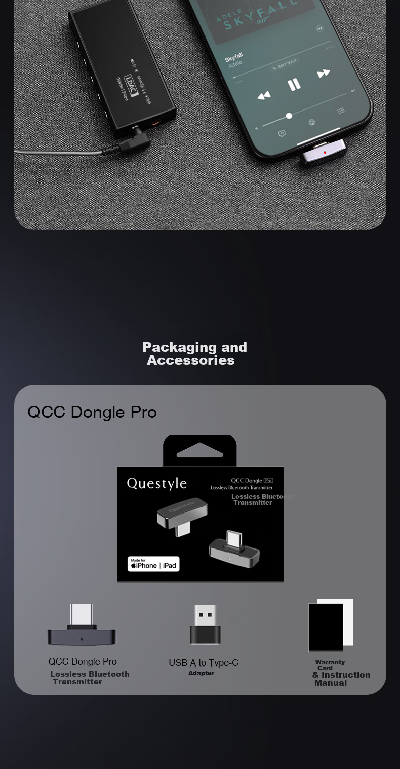 Questyle QCCDonglePro Lossless LDAC Bluetooth Transmitter HiFi Wireless Bluetooth Adapter MFI Compatible with Apple Phones PS5 Computers Switch 16
