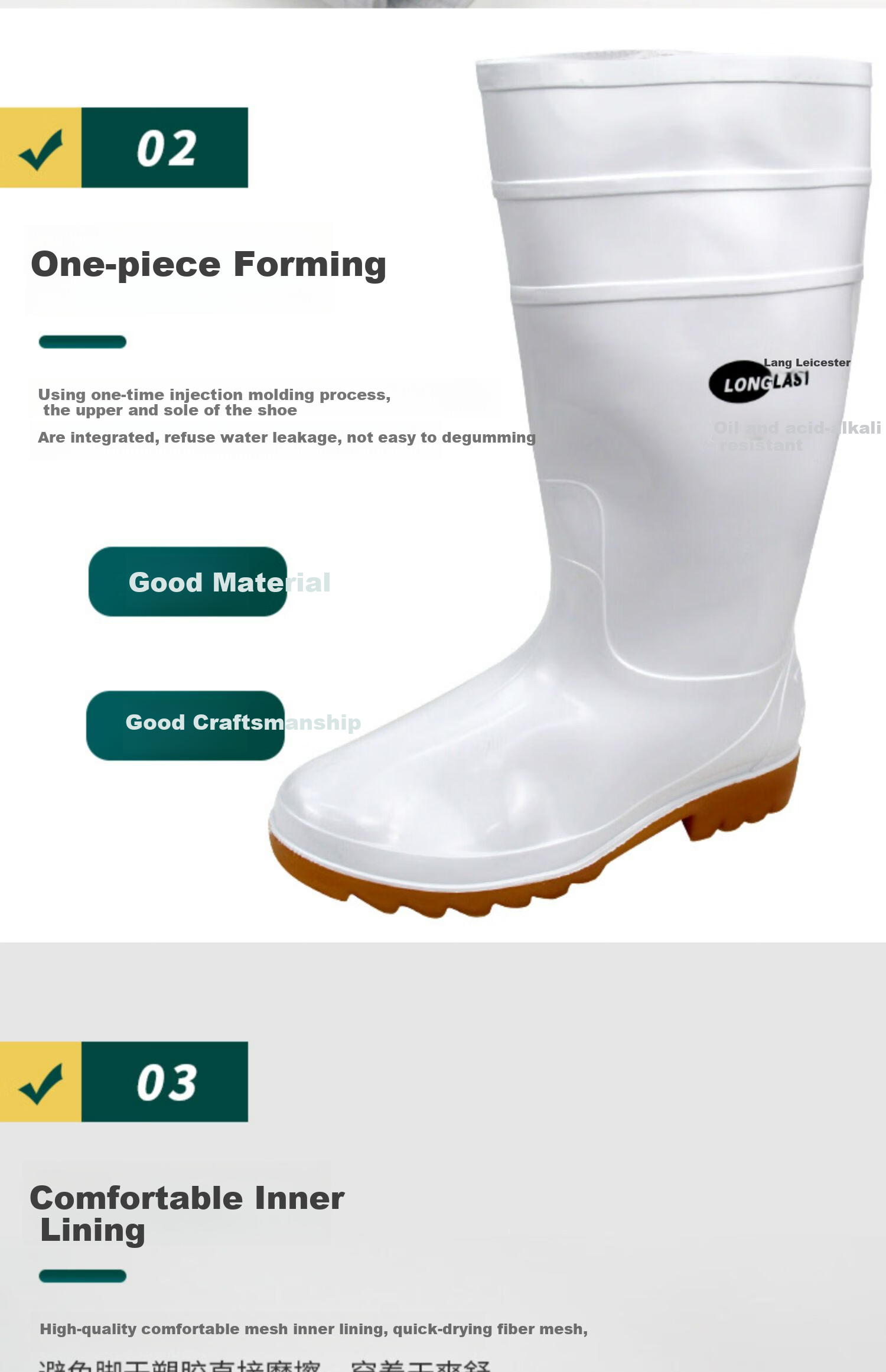 LONGLAST (LONG LAST) Extra White Oil-Resistant Boots, High-Top Non-Slip Waterproof Shoes, Rain Boots, Acid And Alkali Resistant Chef Food Hygiene Boots for Men And Women, Size 41 12