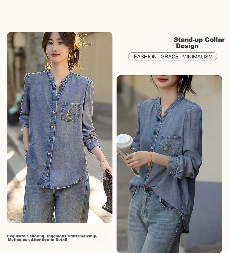 Dme [100% Lyocell Fiber] Spring Light Luxury Chinese Style Embroidered Shirt, Stand-Up Collar, Colorful Button Blouse, Women's Top 5
