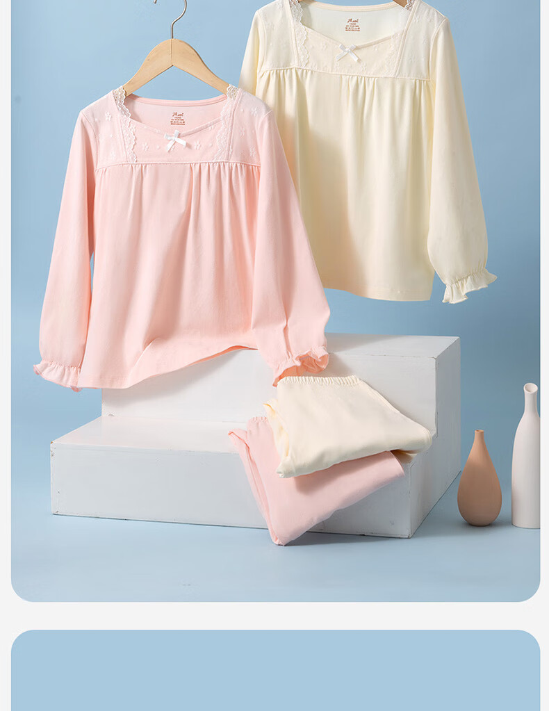 Dingguagua Girls' Cotton Long Sleeve Pajama Set Long Pants Air Conditioning Clothes Big Kids Princess Style Children's Homewear Pink 160 7