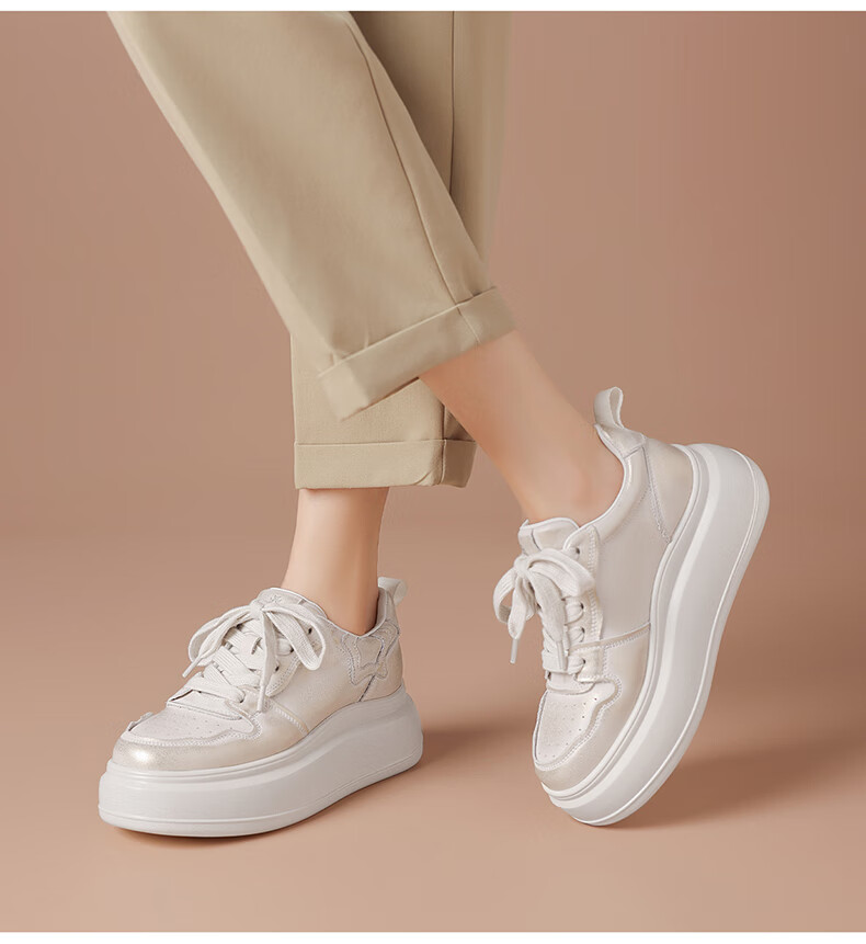BOERDIQI Top-Grain Leather Versatile White Sneakers for Women, Thick-Soled Height-Increasing Casual Sports Shoes, White And Black, Size 36 15