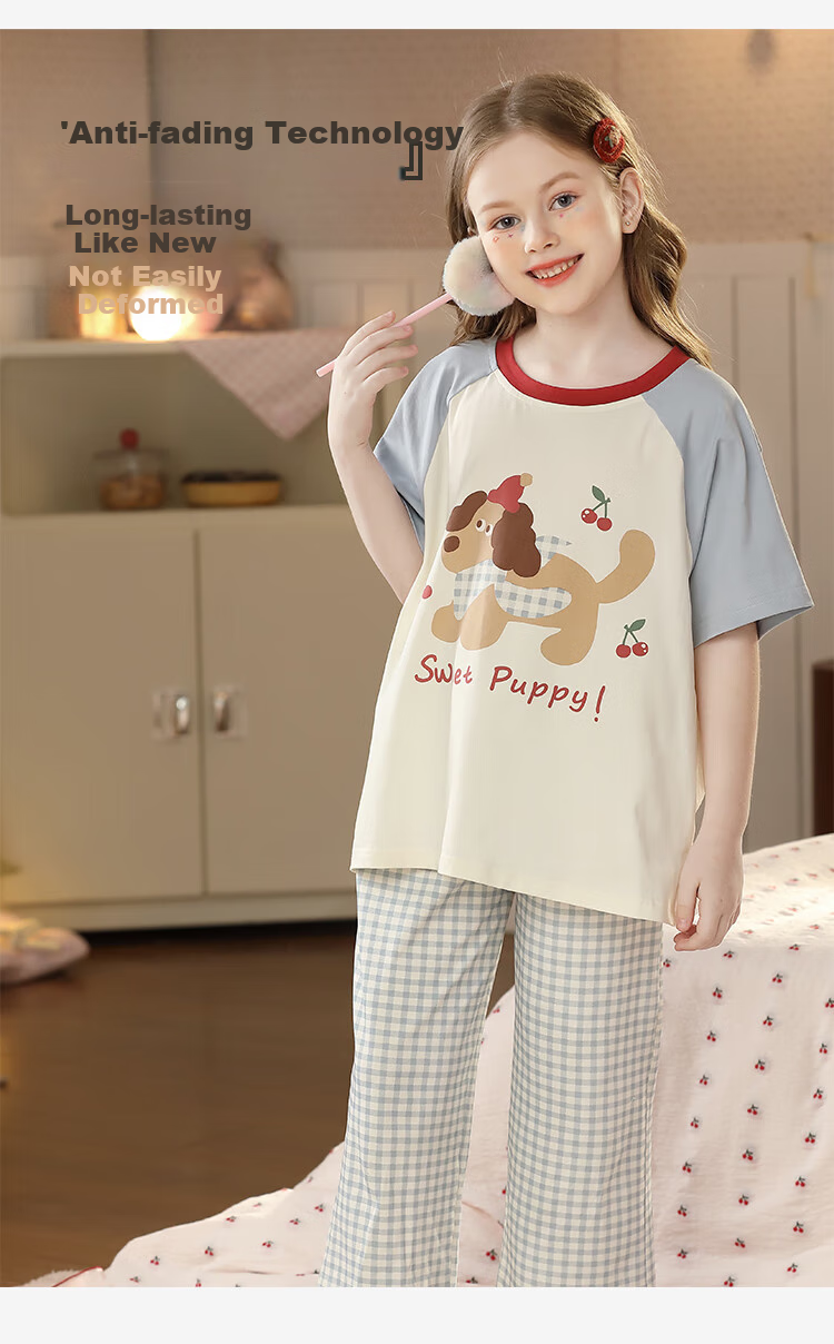 Yunxiangyi Children's Pajamas, Spring And Summer Breathable Modal Cherry Blue Plaid Dog Girl's Sleepwear, Wearable Outside, Loungewear, Size 16 12