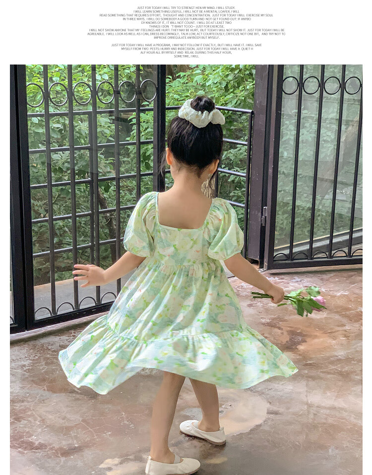 Tutuxiaoxiang Girls' Dress, 100% Cotton, Children's Puff Sleeve Floral Princess Dress, Green, Size 110, Height Approximately 110cm 18
