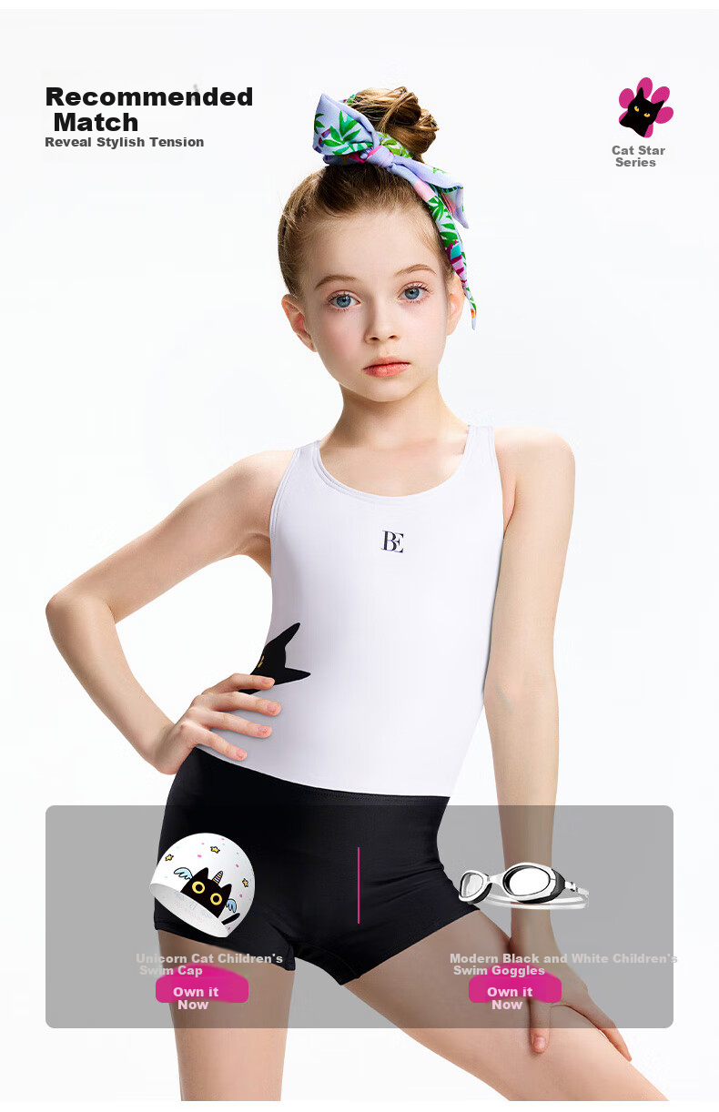 BALNEAIRE Little Black Cat/Meow Star Series 2025 New Children's One-Piece Swimsuit with Boyshorts, Sun Protection, Cream White, Size 140 1