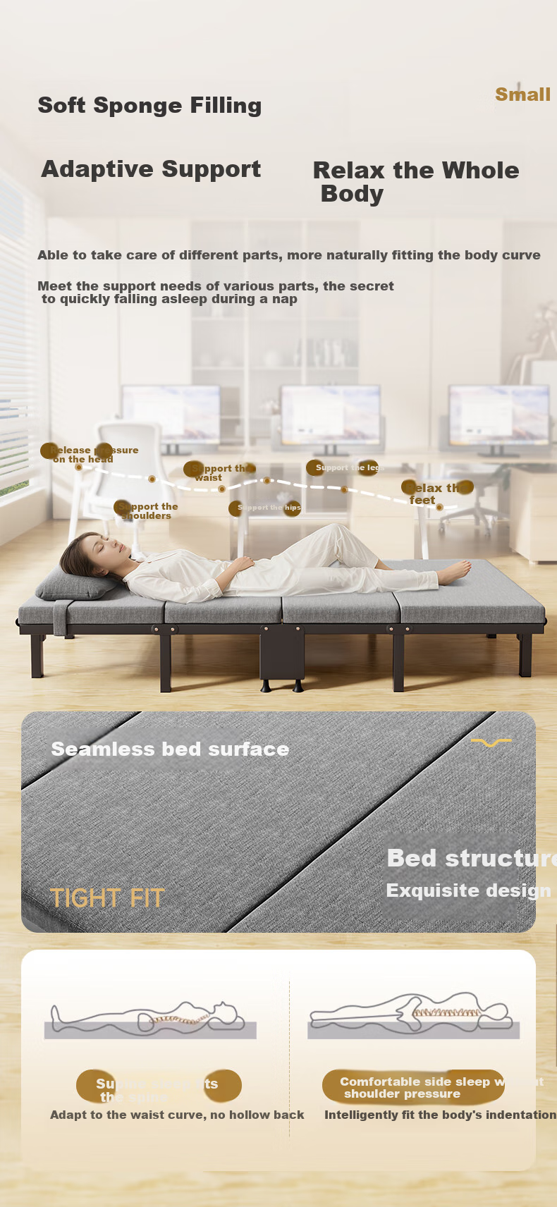 Wenna Folding Bed, Single Nap Bed for Office, Accompanying Bed, Wooden Board Bed, Four-Fold Foam Bed, 70cm 5