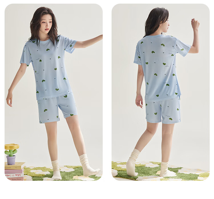 Hodo Summer Lightweight Tencel Cotton Printed Polka Dot Floral Women's Simple Wearable Short-Sleeve Pajama Set 8