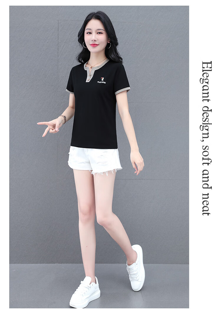 Woodpecker Pure Cotton Crew Neck Shoulder-Fit Short Sleeve T-Shirt for Women Summer New Slim Fit Black M 8