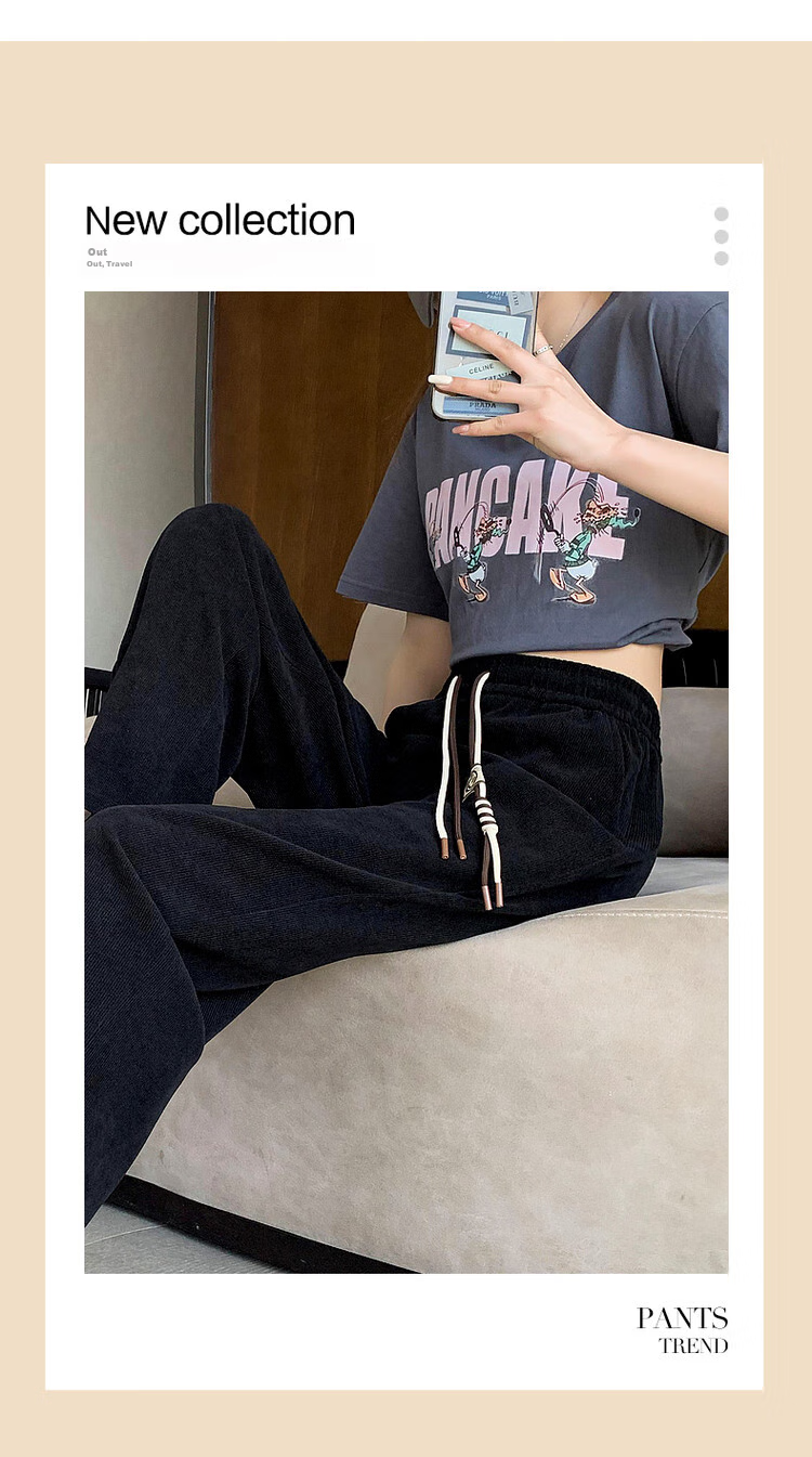 Dme [Cotton Velvet Wide-Leg Casual Pants], Autumn Mid-Rise Elastic Waist Trousers, Loose Women's Pants, Black, M 1