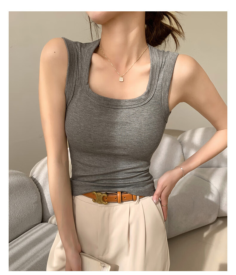 LangSha Square Neck Padded Tank Top for Women, Integrated Chest Pad, Racerback, Side Coverage, Slim Fit, Wide Shoulder Base Layer Shirt for Inner and Outer Wear 16