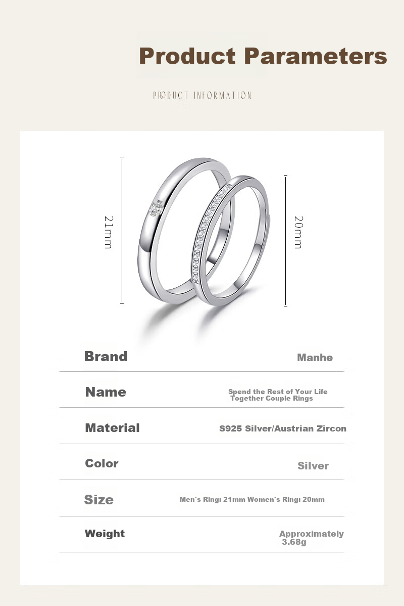 MANHE S999 Sterling Silver Ring for Women, Open-End Plain Band Jewelry, Engagement Diamond Ring, Women's Ring, Valentine's Day Gift 6