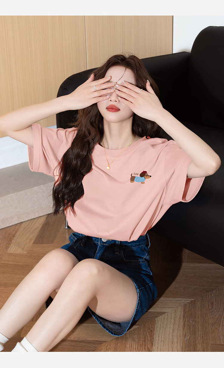 TonLion 2025 Summer Women's Knitted Short Sleeve T-Shirt with Left Chest Puppy Print Black M 6