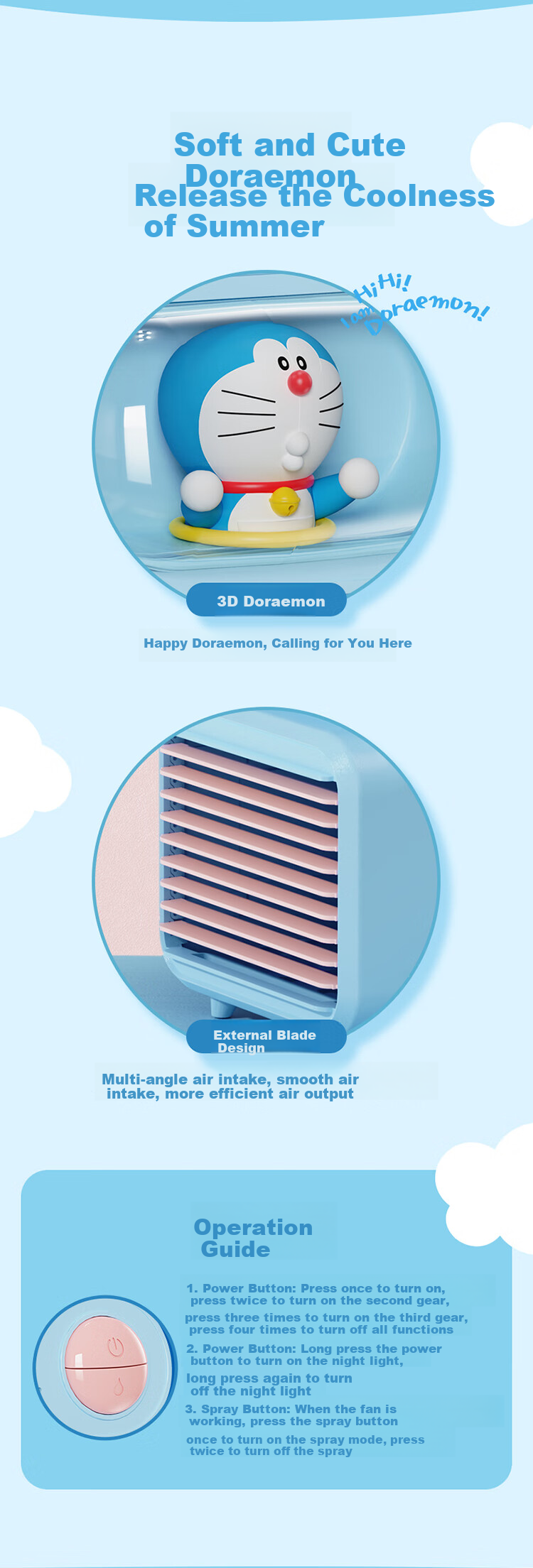 ROCK Doraemon Handheld Fan Digital Display Turbo Strong Wind Portable Silent Mini USB Fan Long Battery Life Cute Cooling Blue 12