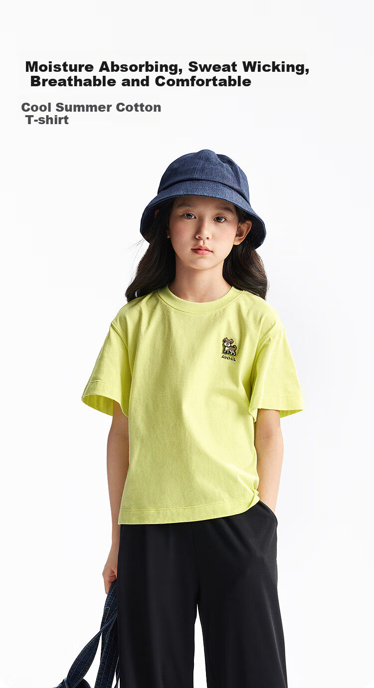 Annil Girls' Round Neck Short-Sleeve T-Shirt, 2025 Summer New Style, Pure Cotton, Casual, Moisture-Wicking, Breathable, Loose-Fitting, Fashionable 1