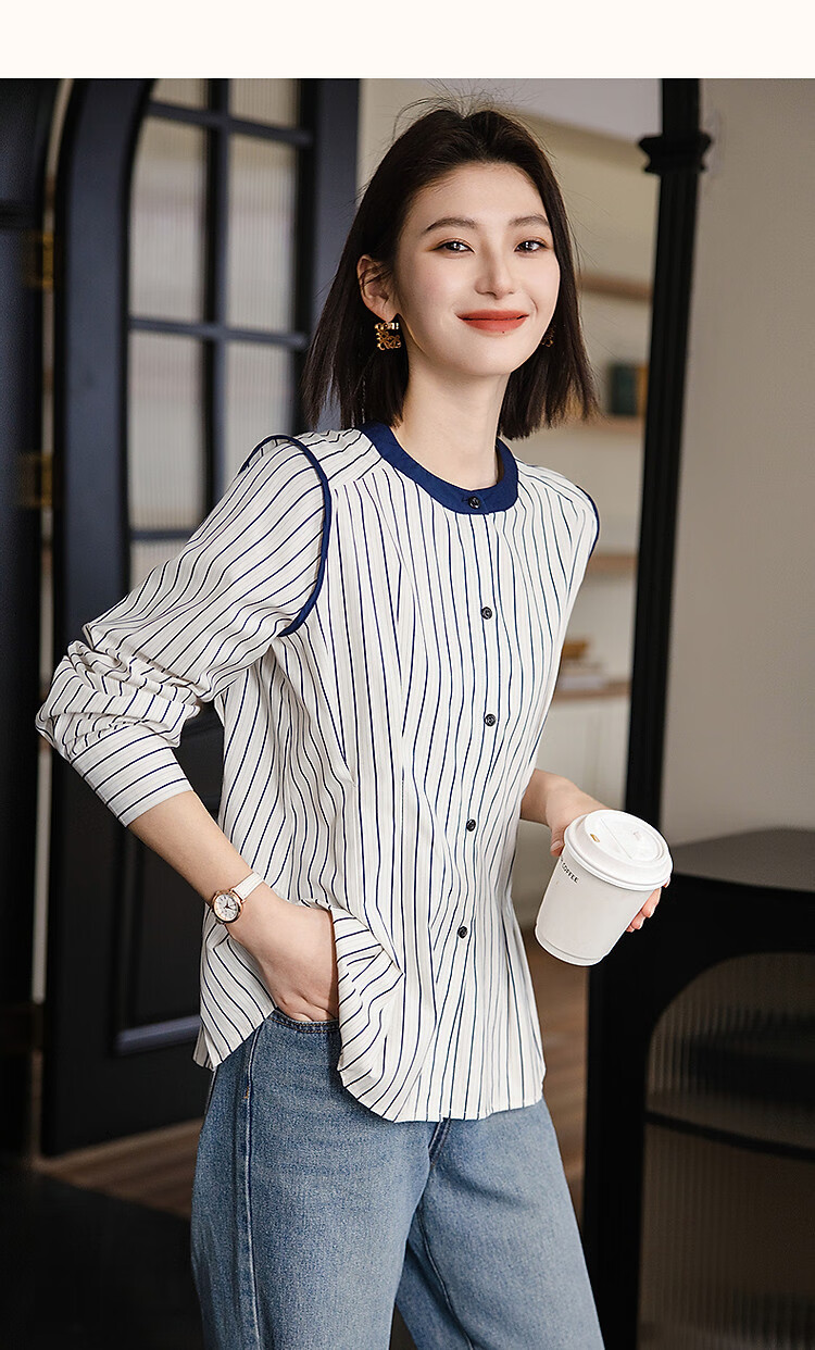 Demana Casual Wealthy Style Spring Japanese Cloud Cotton Vintage Striped Colorblock Shirt Women's Top 11