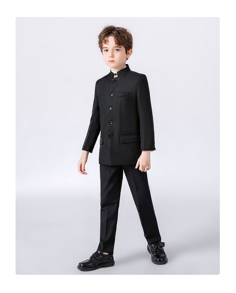 Luomeng Boys' Zhongshan Suit Student Outfit Chinese Style Children's Performance Suit Set, Black Zhongshan Suit Two-Piece Set, Size 110 14