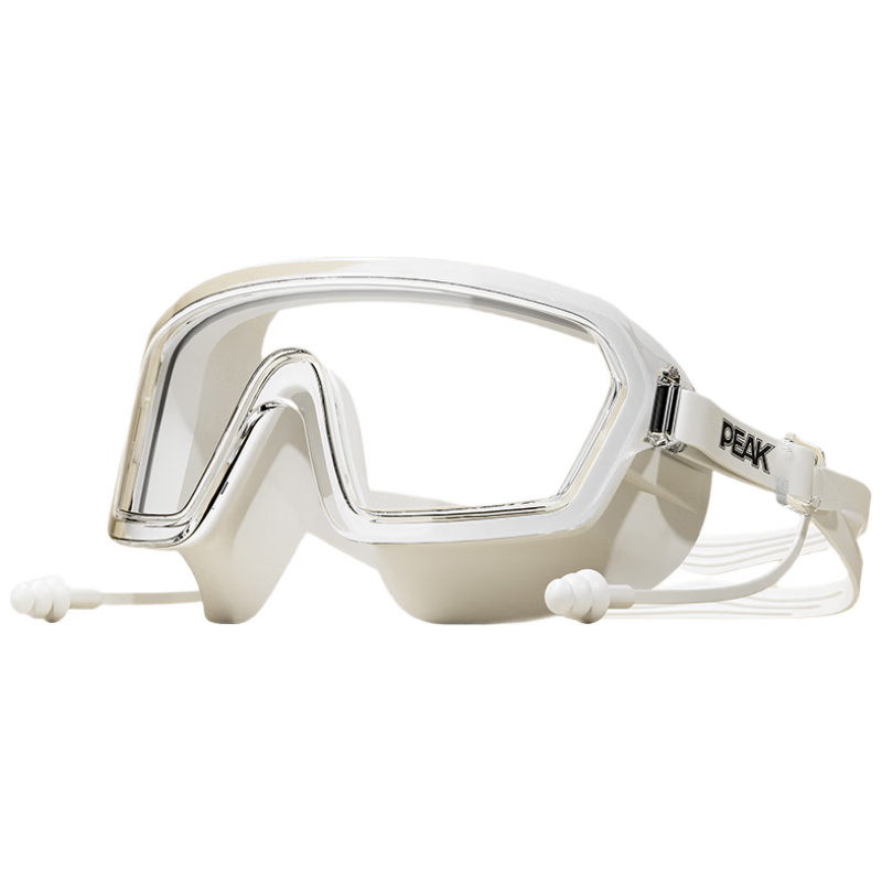 PEAK Large Frame Swimming Goggles for Adults, Men And Women, High Definition Anti-Fog Waterproof Earplugs Integrated Professional Diving Swimming Glasses White