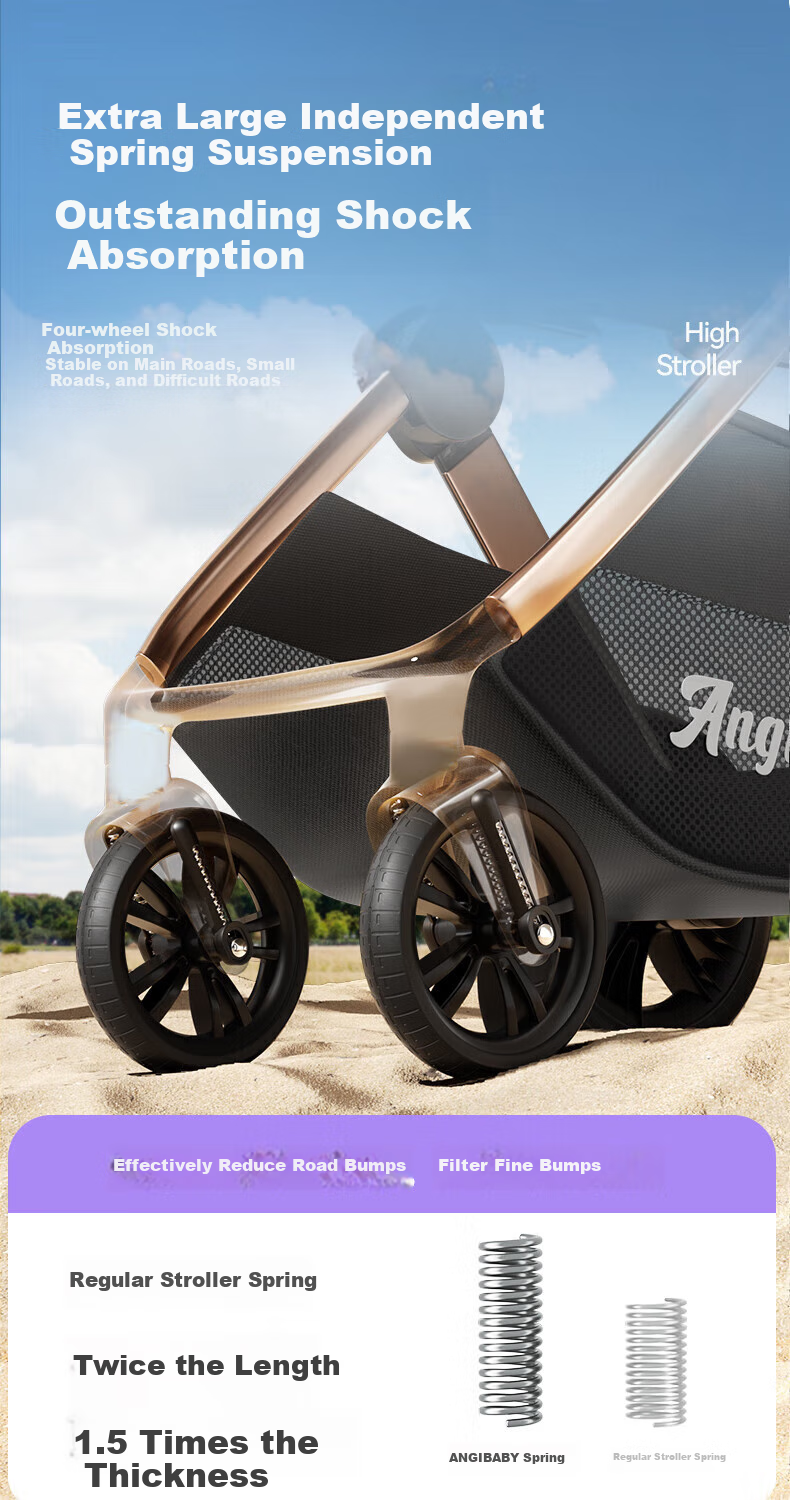 ANGI BABY Stroller with High View, Reversible Seating And Lying Positions, Shock-Absorbing, Foldable, Suitable for Newborns to 3 Years Old 9