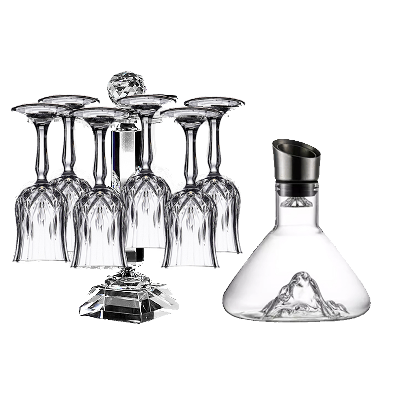 Green Apple Crystal Glass Red Wine Decanter and Glass Rack Set 8-Piece Set High Stem Wine Glasses